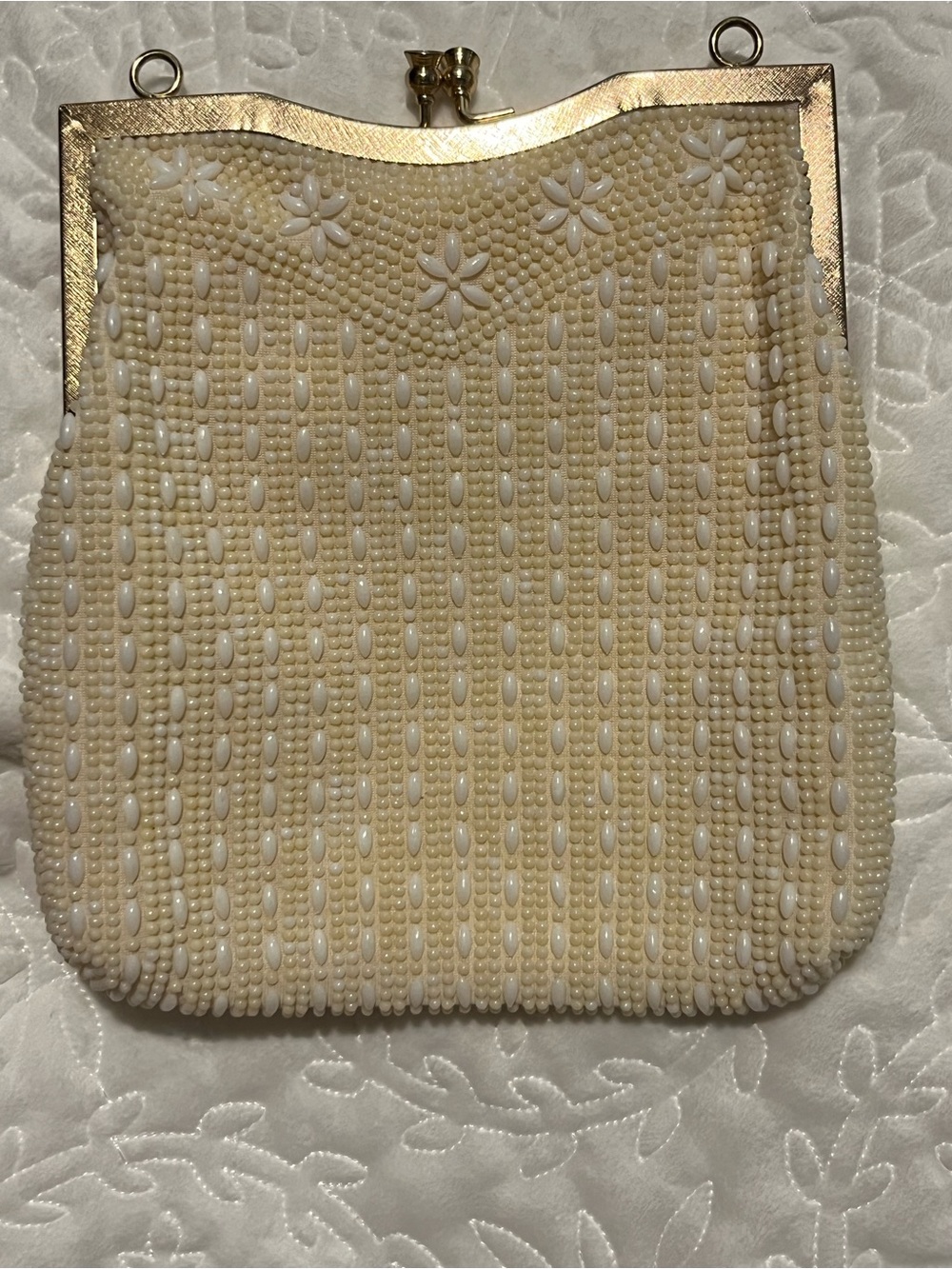 Ivory Beaded Gold Frame Clutch with Floral Accents